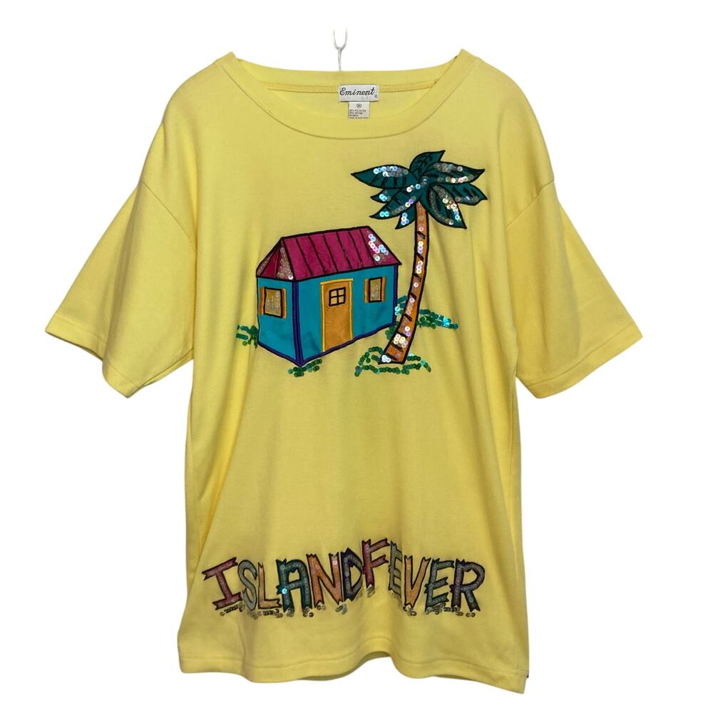 Vintage 90s Eminent Island Fever Beach Tropical Swimsuit Coverup Tee T-Shirt Top
